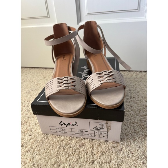 Qupid Shoes - Qupid Wedge Sandals 9 Taupe LIAM-04 Distressed PU Ankle Strap Caged Toe